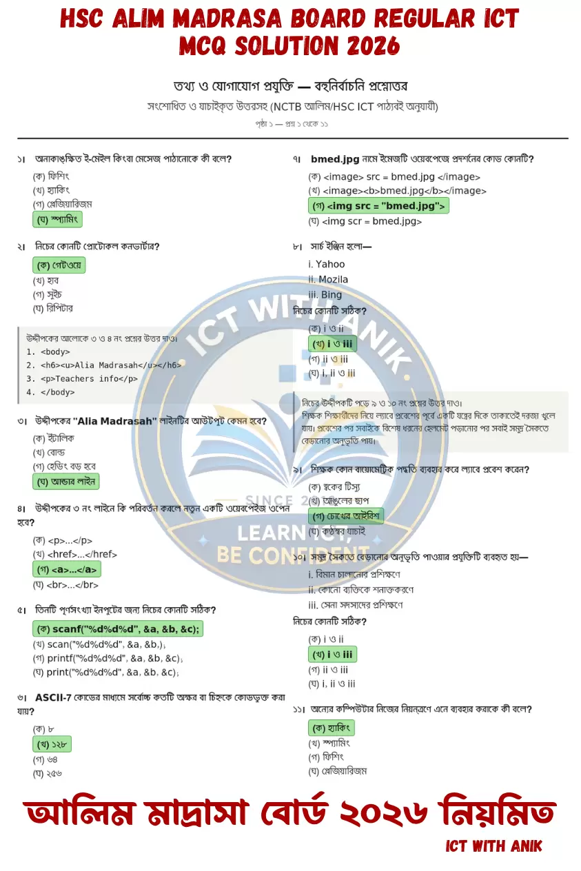 আলিম মাদ্রাসা বোর্ড ICT MCQ সমাধান ২০২৬ নিয়মিত