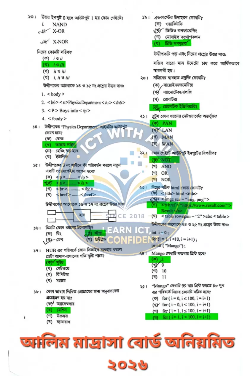 আলিম মাদ্রাসা বোর্ড ICT MCQ সমাধান ২০২৬ অনিয়মিত সেট ঘ বিষয় কোড ২৪০