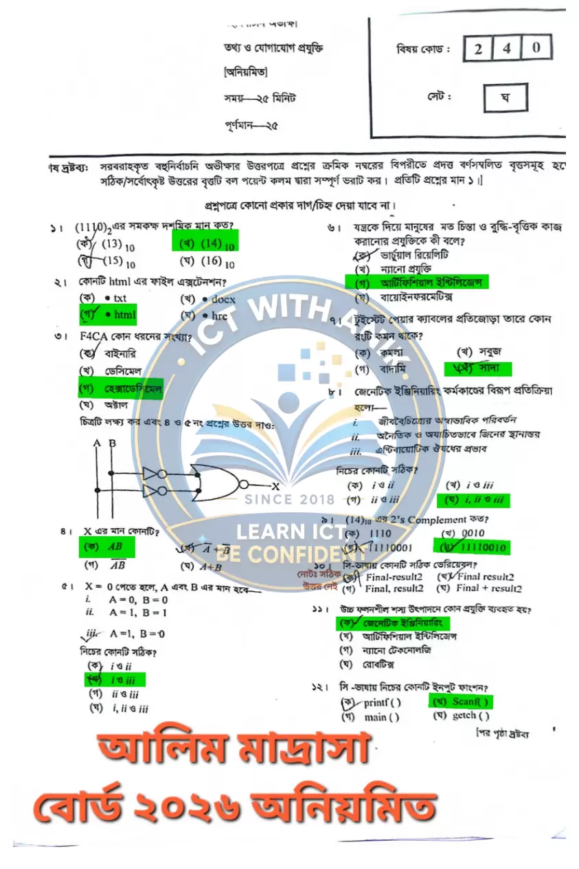 আলিম মাদ্রাসা বোর্ড ICT MCQ সমাধান ২০২৬ অনিয়মিত সেট ঘ বিষয় কোড ২৪০